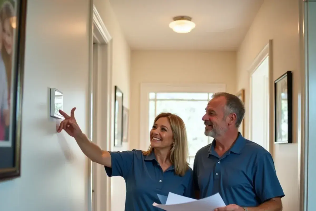 Technician showing a homeowner how to use a new thermostat after a complete HVAC system installation