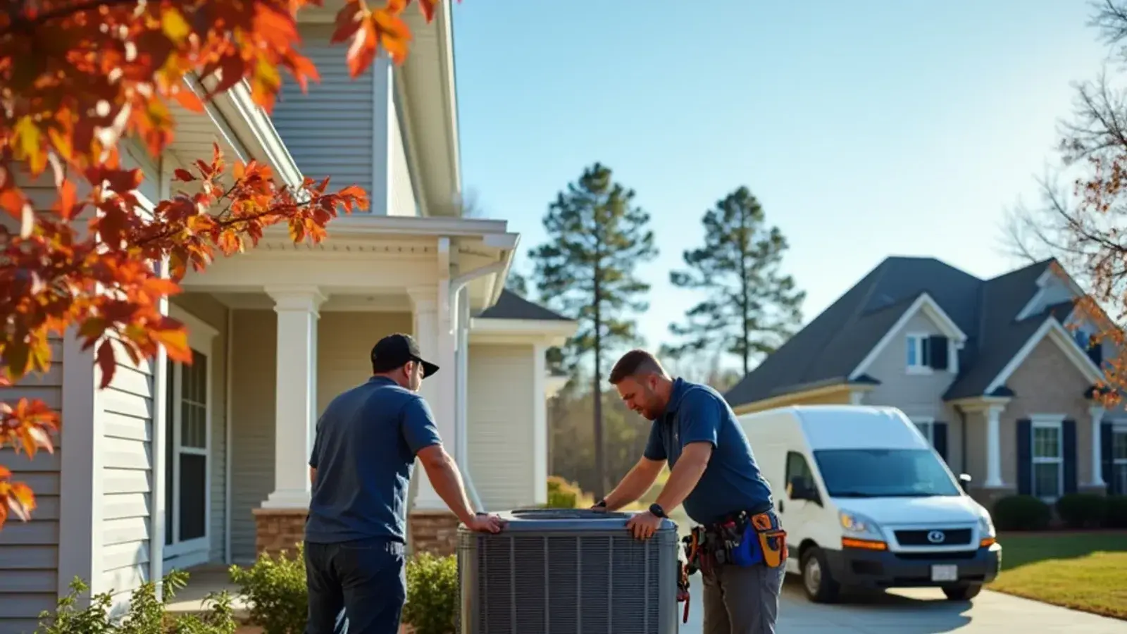 Two technicians setting a new outdoor condenser on a pad beside a two-story vinyl home in Lexington, SC