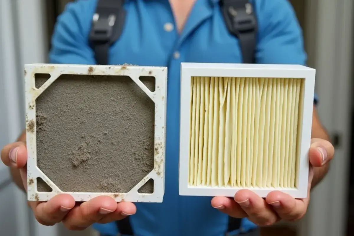 Pollen-clogged HVAC filter held next to a clean replacement filter during a repair visit in Lexington, SC