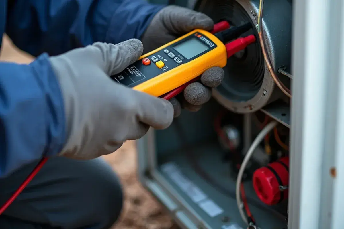 Clamp meter measuring the current draw of an indoor blower motor during HVAC troubleshooting