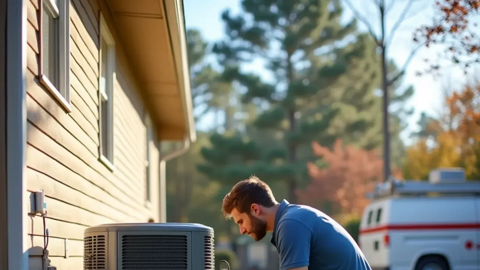 Technician reading refrigerant gauges connected to a heat pump beside a 1980s slab ranch in Lexington, SC
