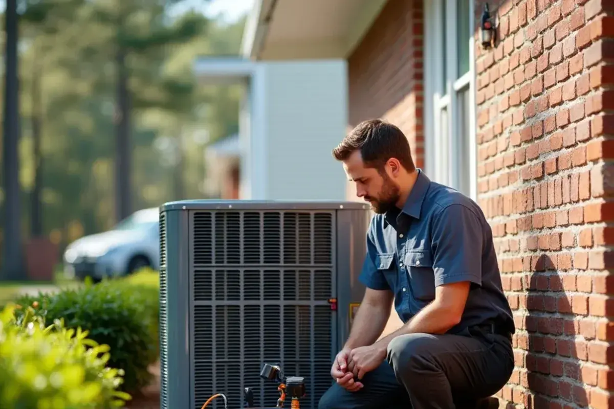 Technician checking refrigerant pressures on a heat pump beside a brick ranch house in Lexington, SC