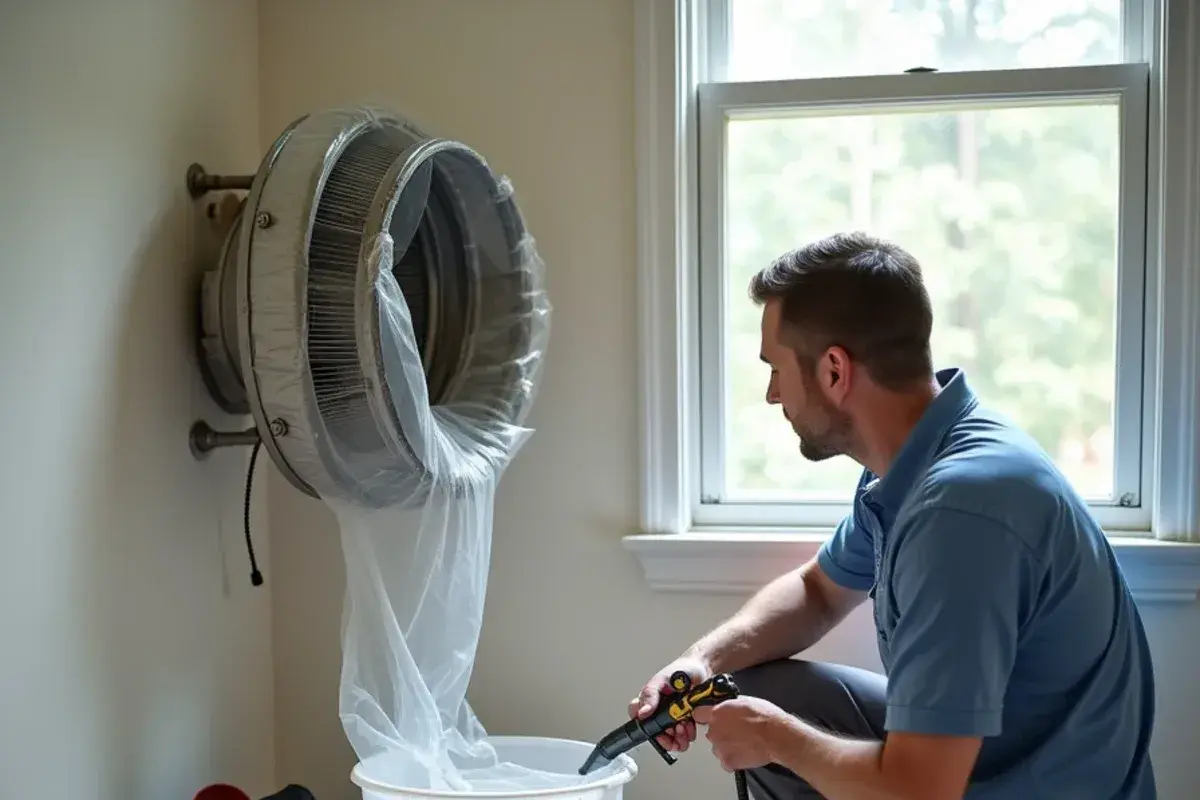 Mini-split head wrapped in a plastic cleaning bag while its coil and blower wheel are rinsed