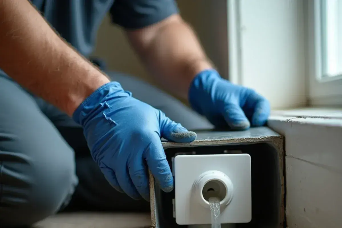 Technician checking a mini condensate pump and drain tubing behind a ductless head