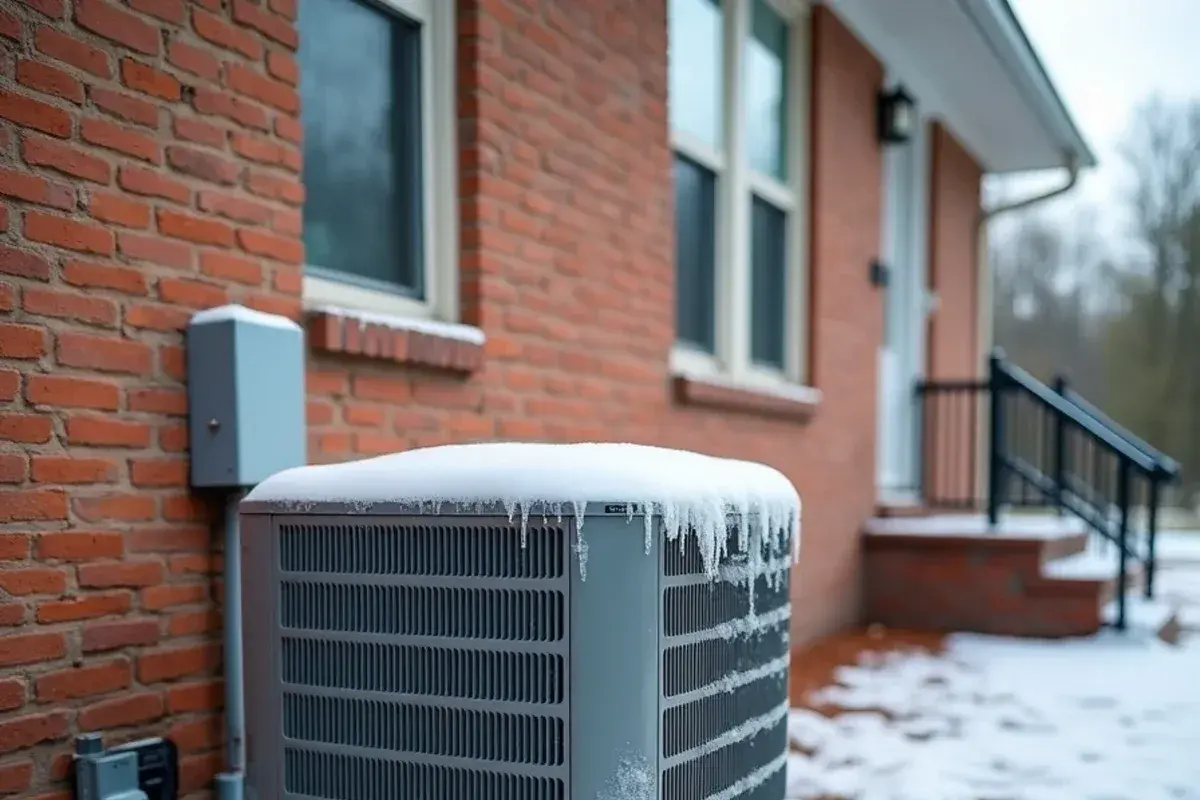 Heat pump outdoor coil covered in ice beside a crawlspace ranch on a freezing Midlands morning