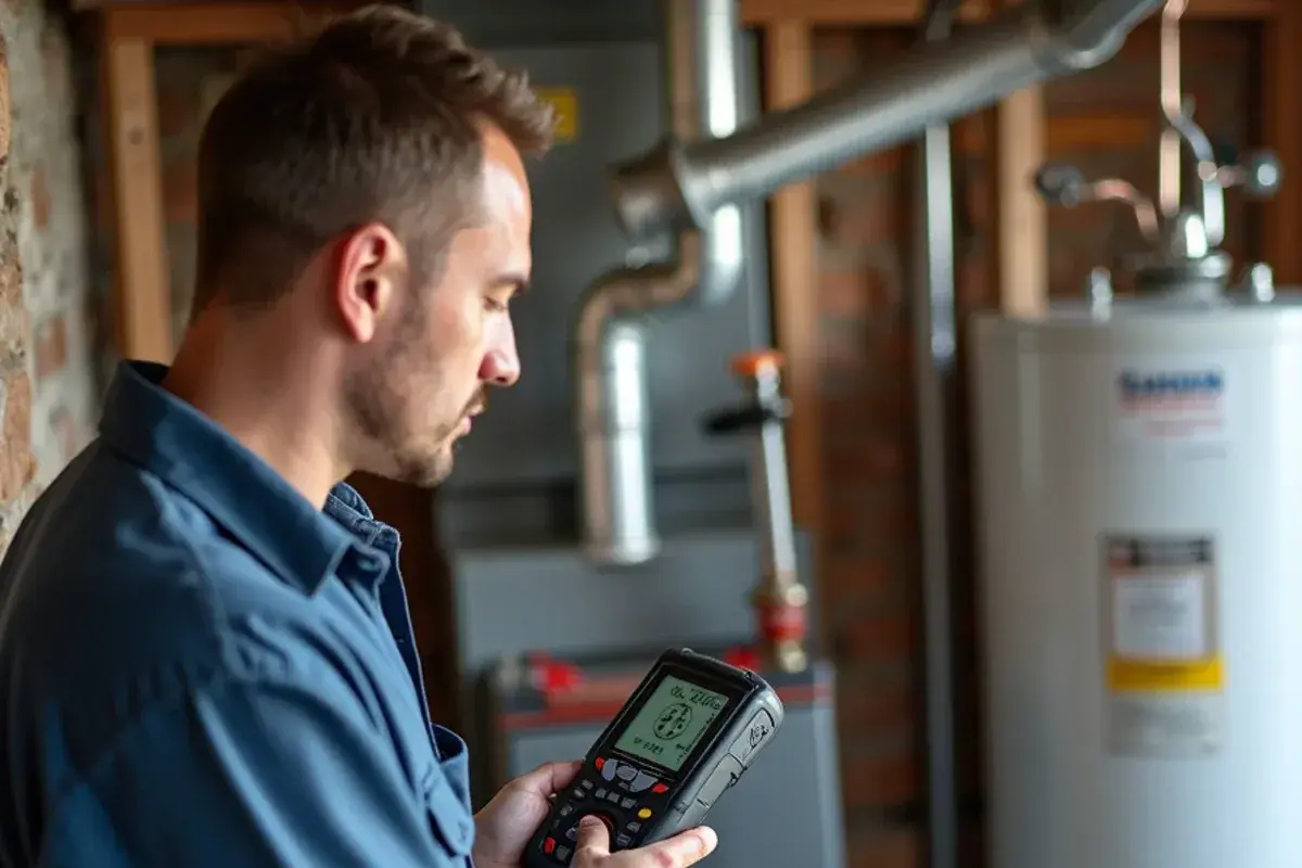HVAC technician testing furnace flue gases with a combustion analyzer after restoring heat