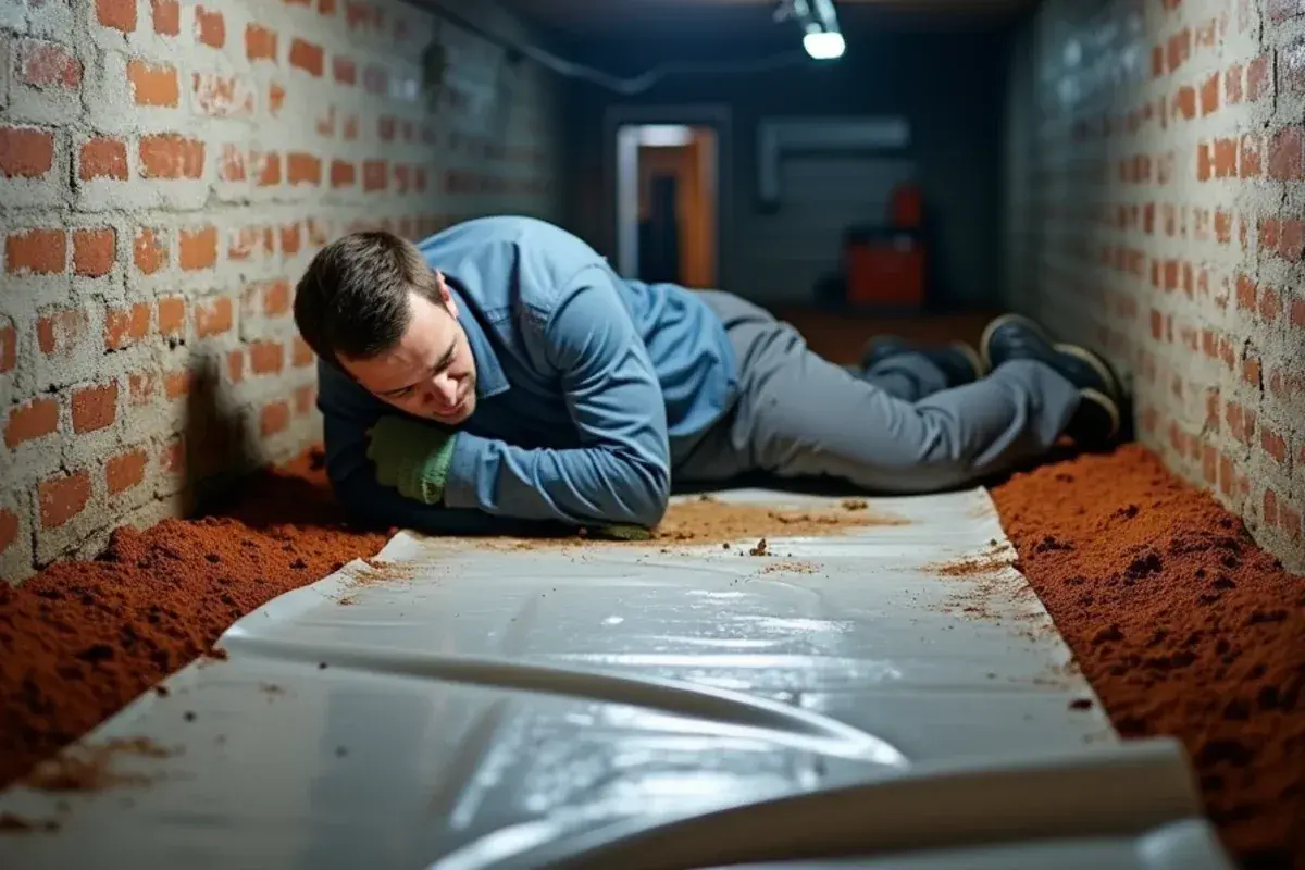 Technician checking insulated supply ducts in the crawlspace of a brick ranch home near Lexington