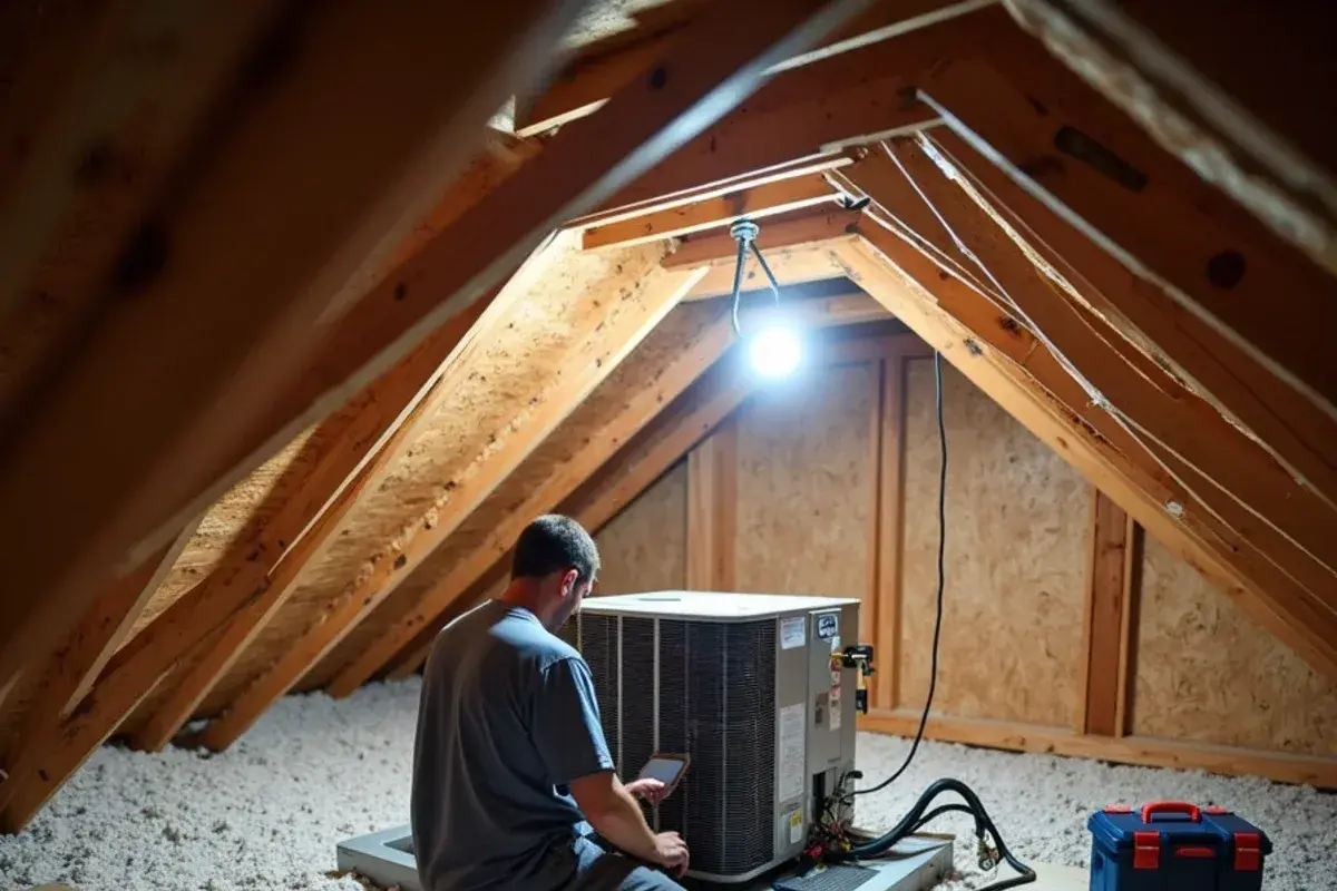 Horizontal air handler and secondary drain pan in the attic of a newer two-story Lexington-area home
