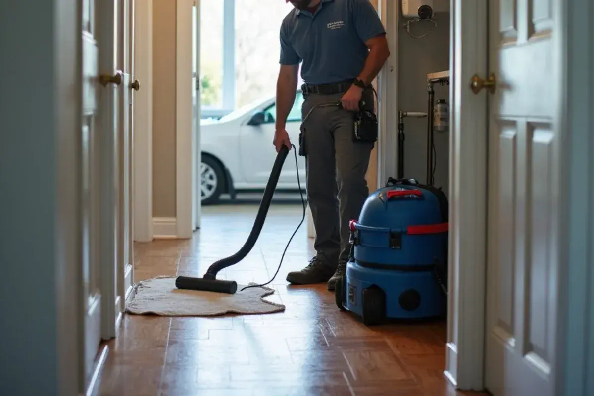 Technician vacuuming the floor around a hall closet furnace after finishing a service call