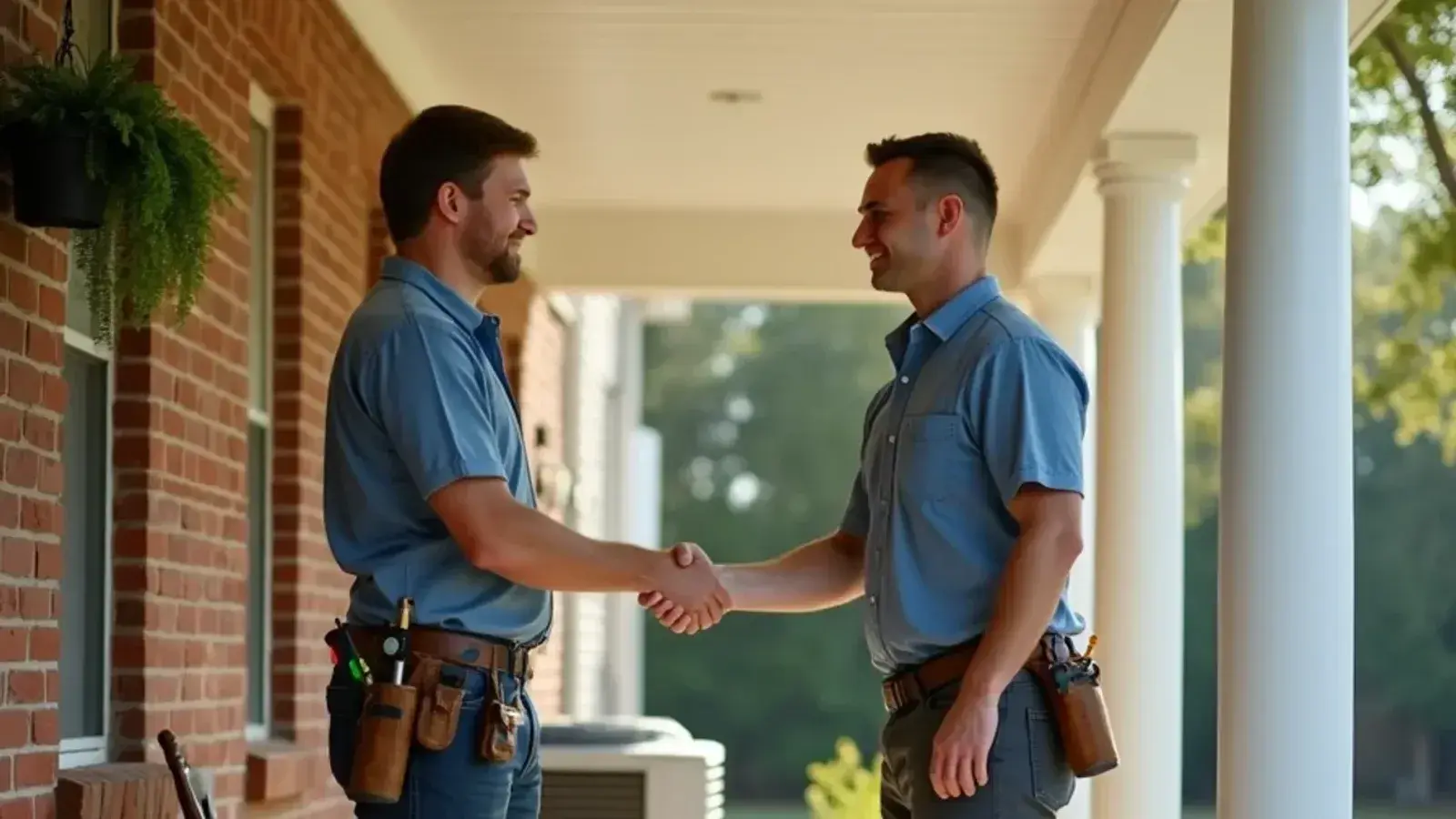 Homeowner shaking hands with an HVAC technician on a front porch after a new system install