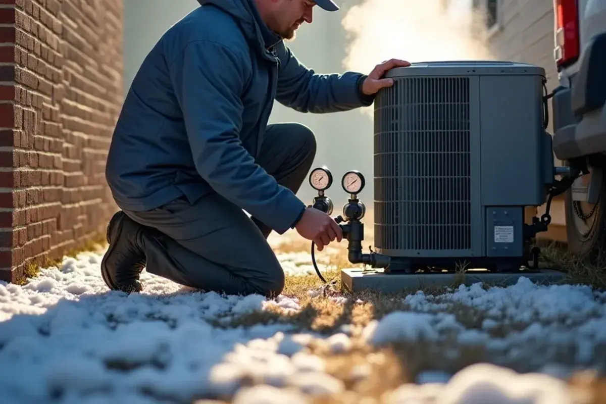 Technician checking a heat pump on a cold morning beside a brick ranch in Cayce, SC