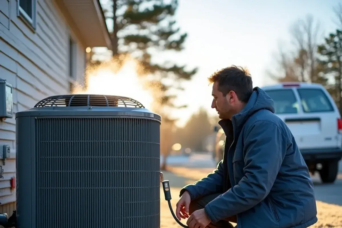 Frost on a heat pump coil while a technician checks defrost operation at a rural home in Edmund