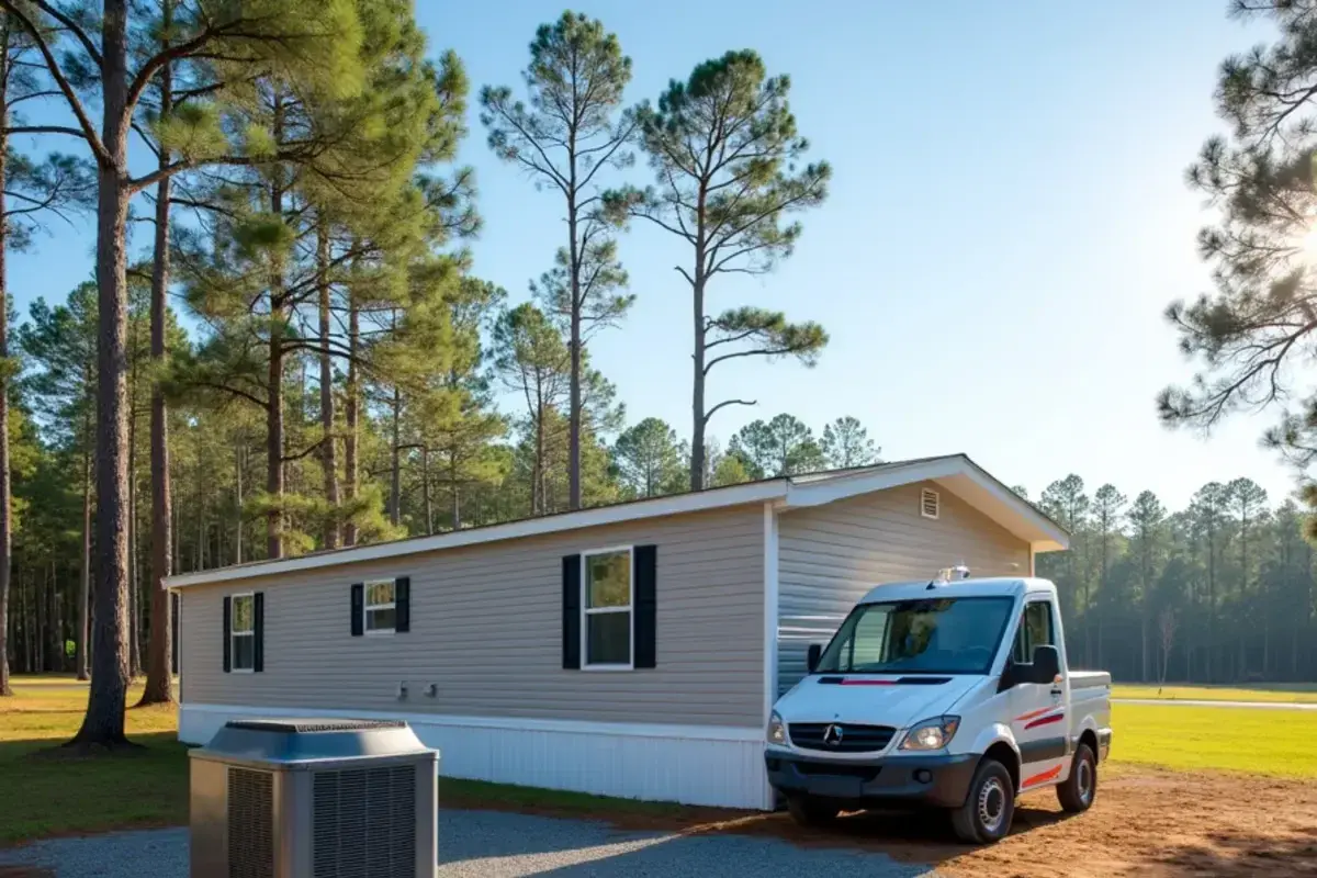 Manufactured home with a packaged heat pump on a large wooded rural lot near Edmund, SC