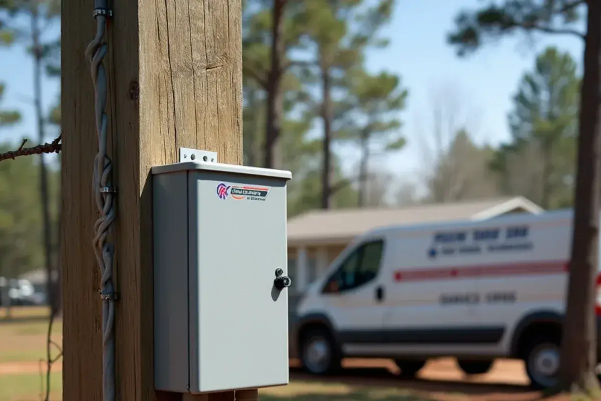 Weathered AC disconnect and conduit mounted on a treated post beside a heat pump on a rural property