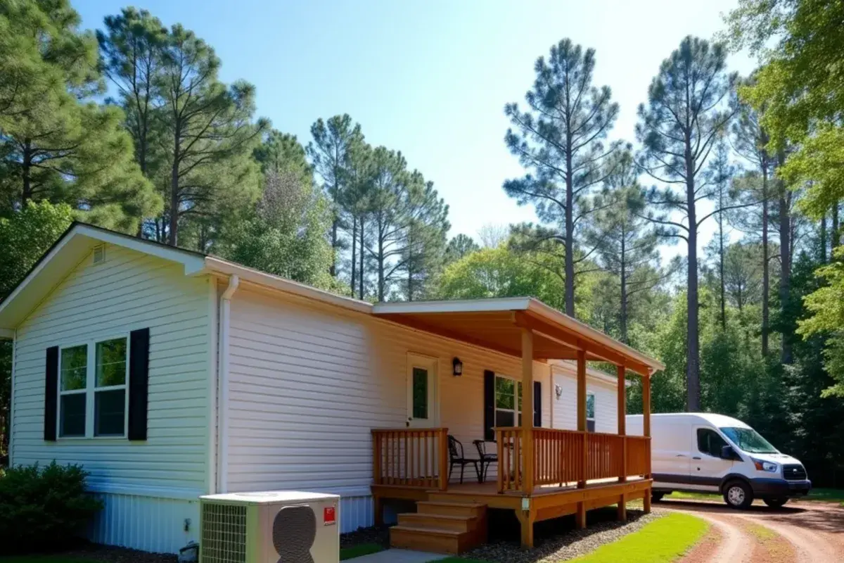 Doublewide manufactured home with a heat pump on a country lot near peach orchards outside Gilbert, SC