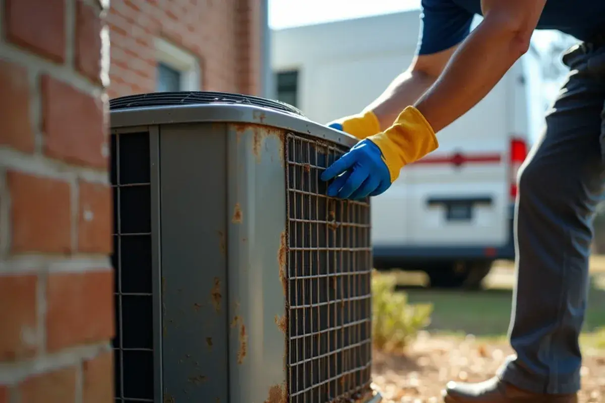 Weathered older heat pump with bent coil fins beside a 1980s home in Irmo, SC