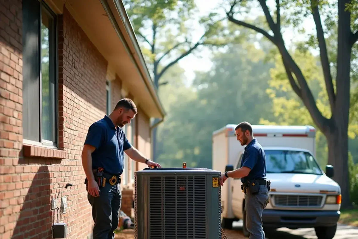 Technicians setting a new variable-speed heat pump on a pad during an installation in Irmo