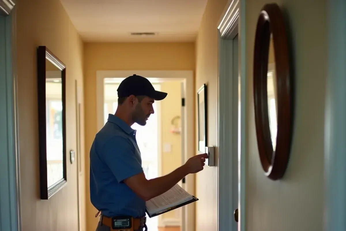Technician checking thermostat settings during a fall heating checkup in an Irmo home