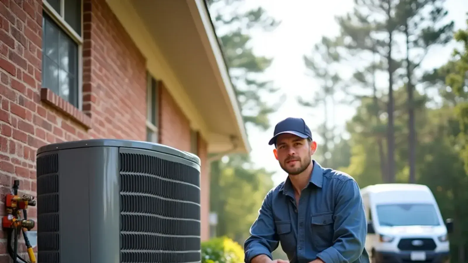 Technician checking a heat pump beside a brick ranch on a red-clay lot in Lexington County, SC