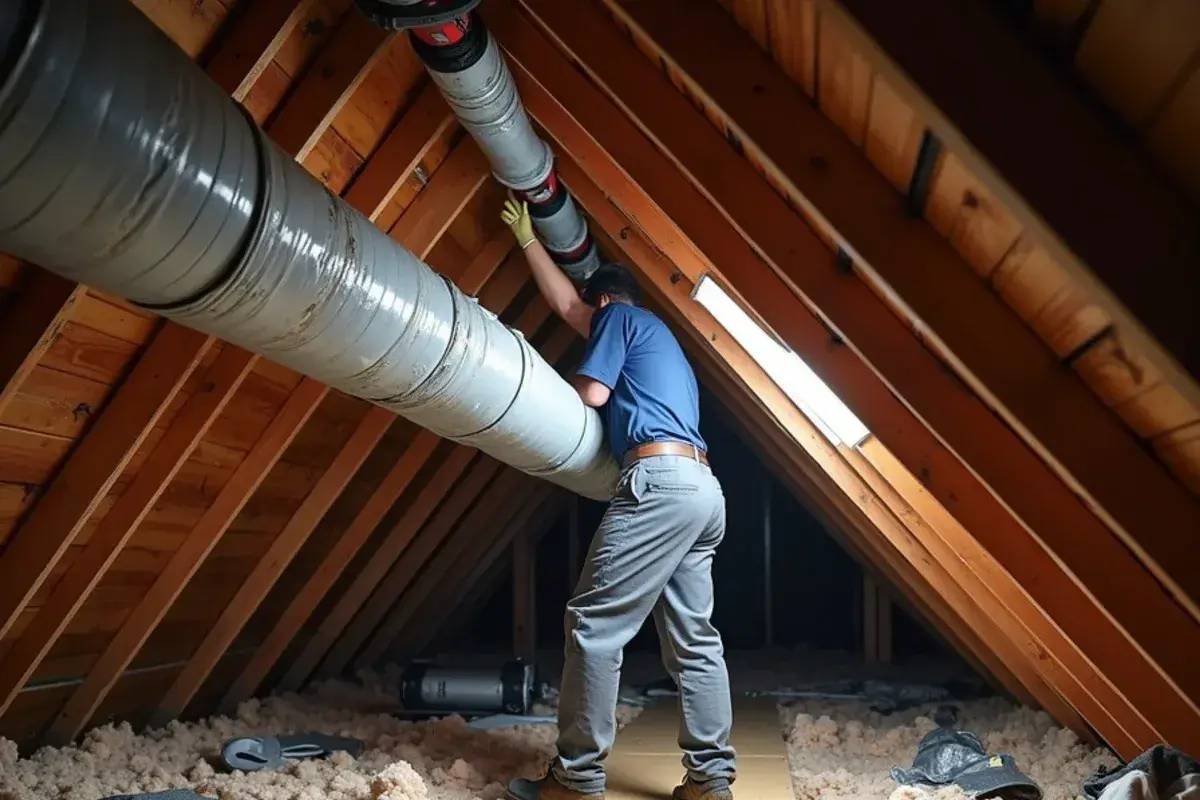 Collapsed and torn flex duct lying on attic insulation above a slab ranch in Oak Grove, SC
