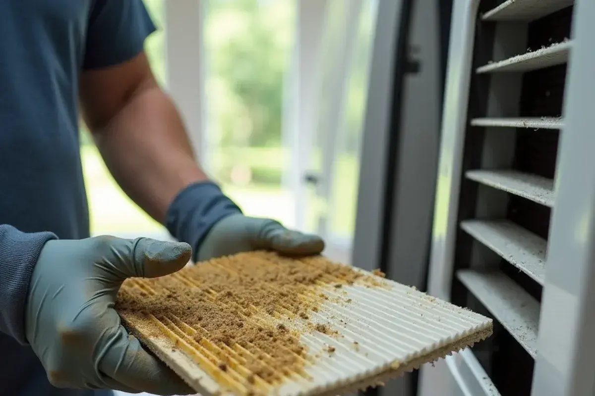 Pollen-clogged return air filter held beside a clean replacement during spring service in Pine Ridge