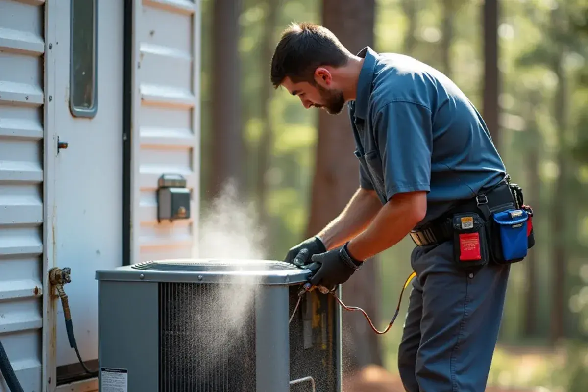 Technician rinsing pollen out of a condenser coil from the inside out at a pine-shaded house in Pine Ridge, SC