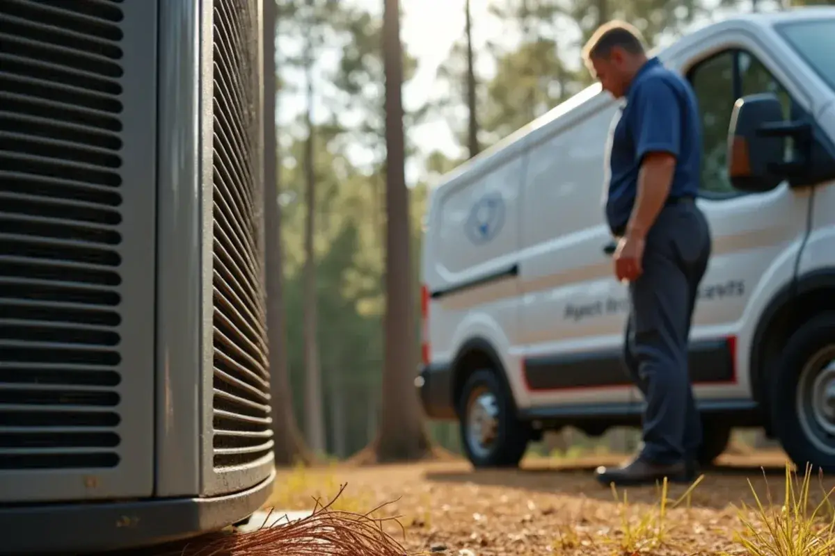 Pine needles and pollen packed against the base of a condenser coil under loblolly pines in Pine Ridge