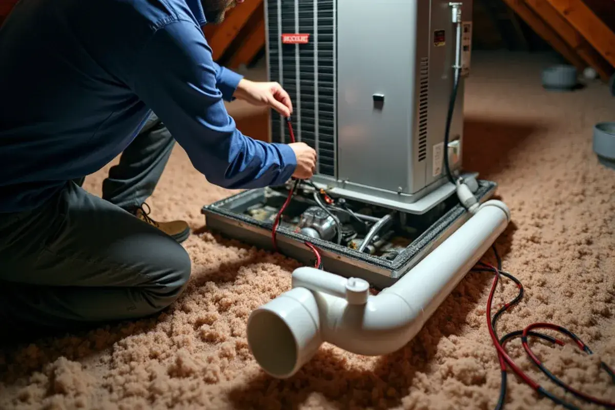 Technician testing the float switch on an attic air handler drain pan in a Red Bank home