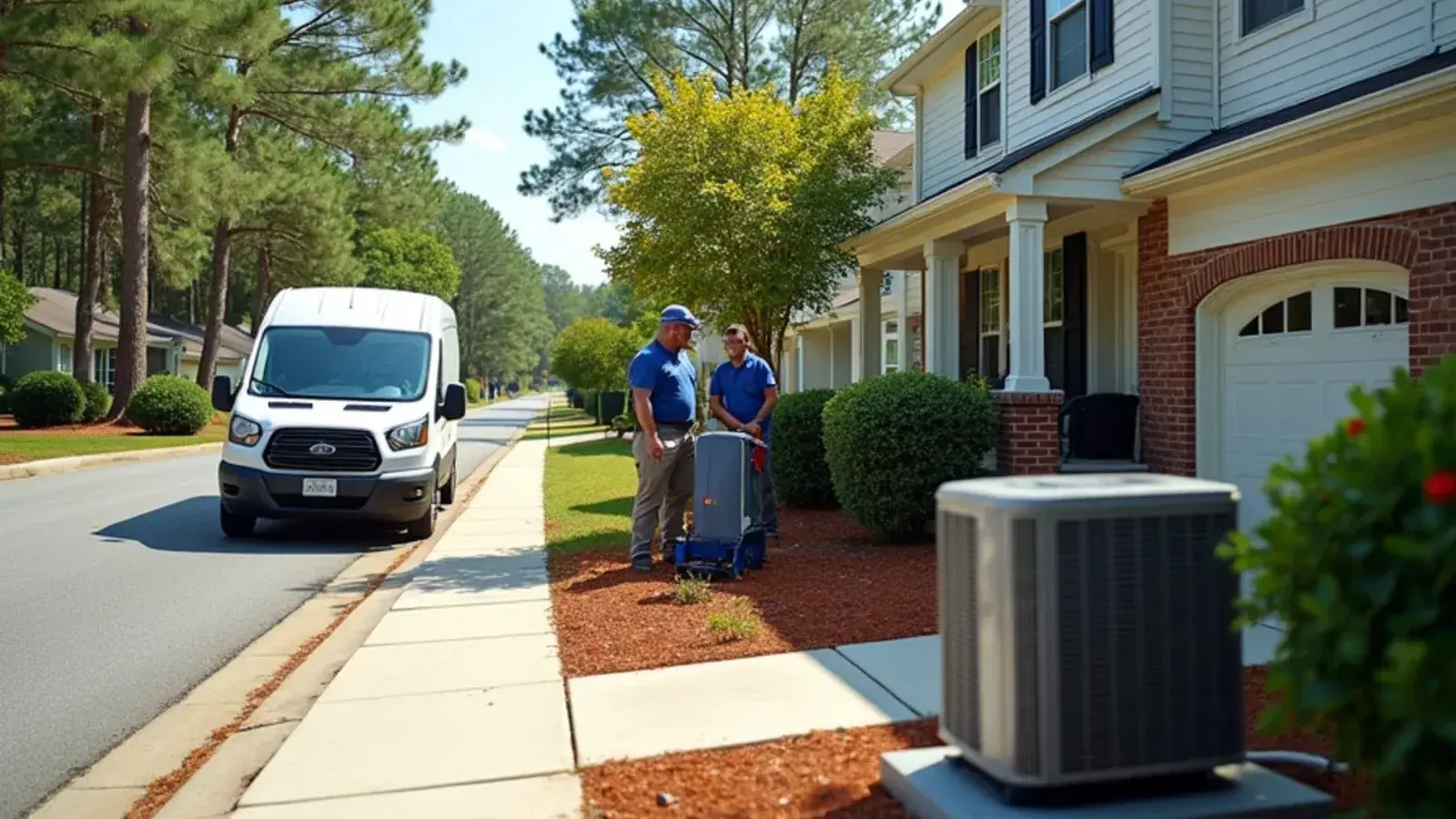 Two-story vinyl-sided subdivision home with an outdoor AC unit in Red Bank, SC