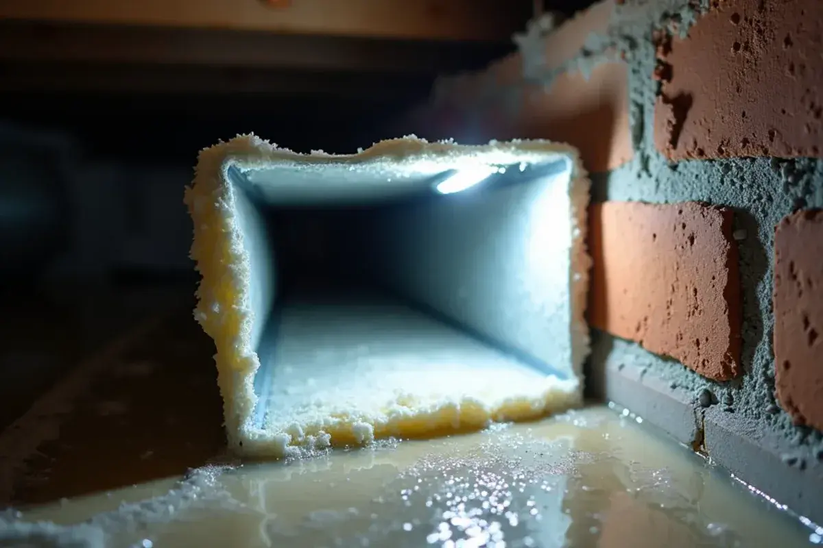 Condensation beading on a poorly insulated supply duct in a Seven Oaks crawlspace