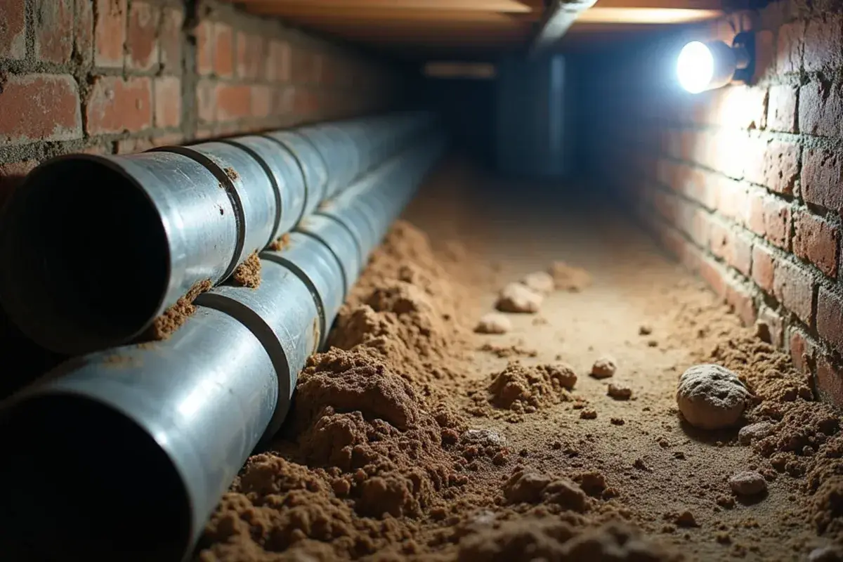 Separated metal duct joint under the floor of a brick ranch in Springdale
