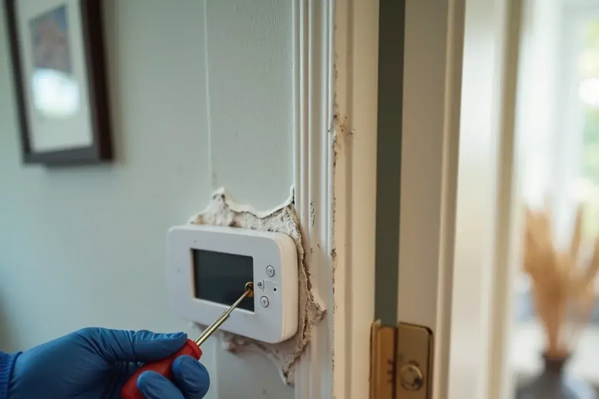 Old thermostat wires pulled through a wall plate before a smart thermostat install in a Springdale ranch