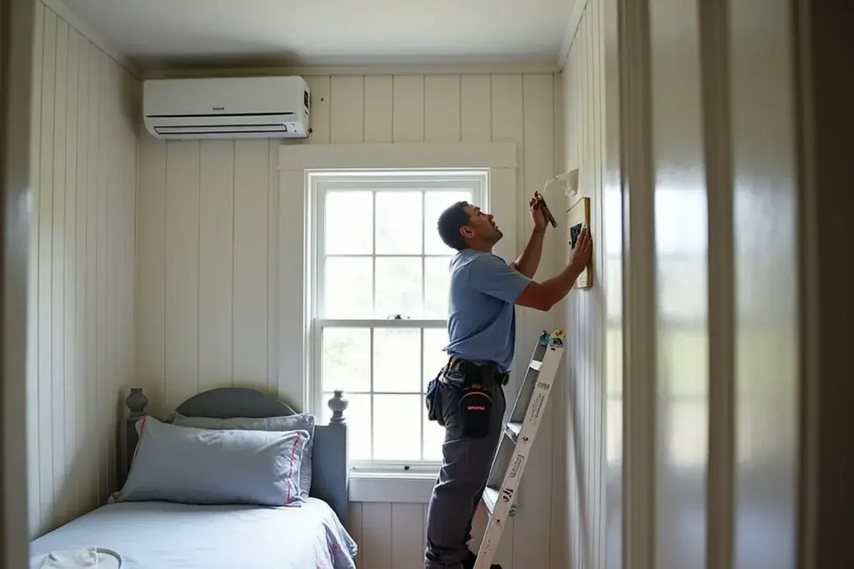 Ductless mini-split head mounted high on a bedroom wall of a mill-era cottage in West Columbia