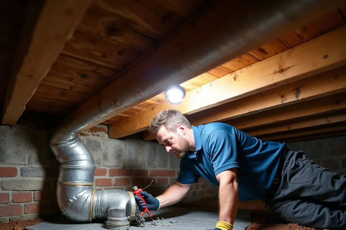 Technician sealing a separated duct joint in the crawlspace of an older West Columbia home