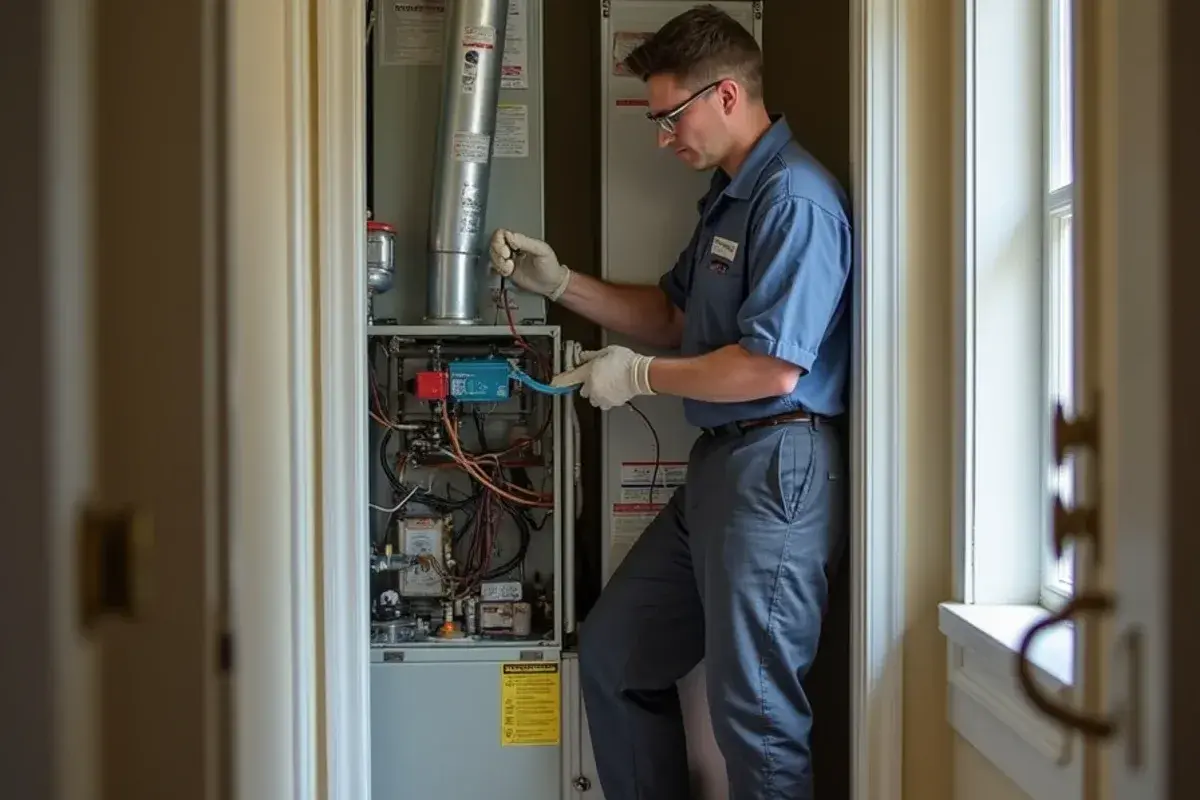 Technician inspecting gas furnace burners in a hall closet during a West Columbia furnace repair
