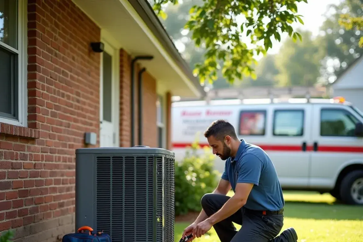 AC condenser on a concrete pad beside a mid-century brick home shaded by oaks in West Columbia, SC