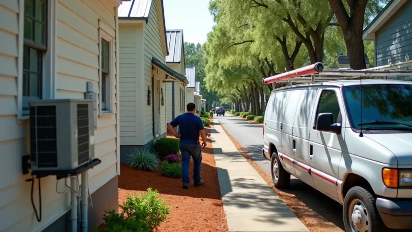 Ductless condenser mounted beside a narrow mill-village cottage on a tree-lined street in West Columbia, SC