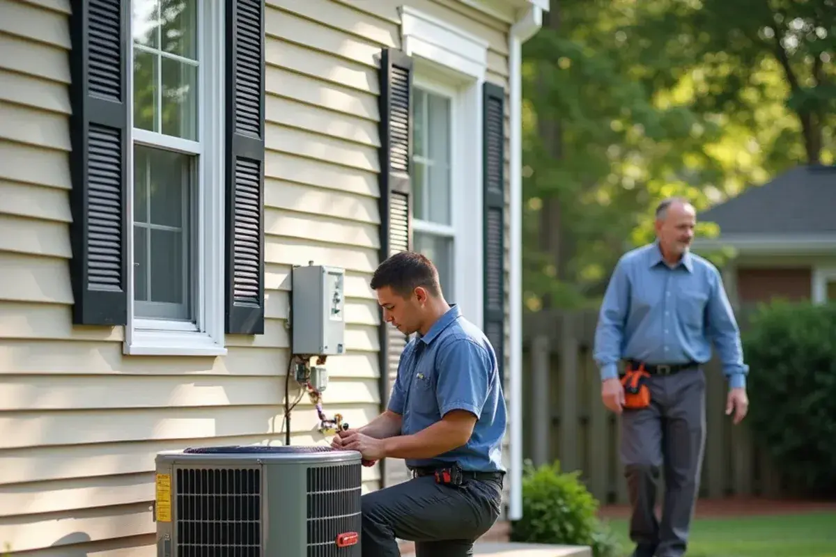Split-system condenser beside a 1990s two-story vinyl house in a White Knoll subdivision