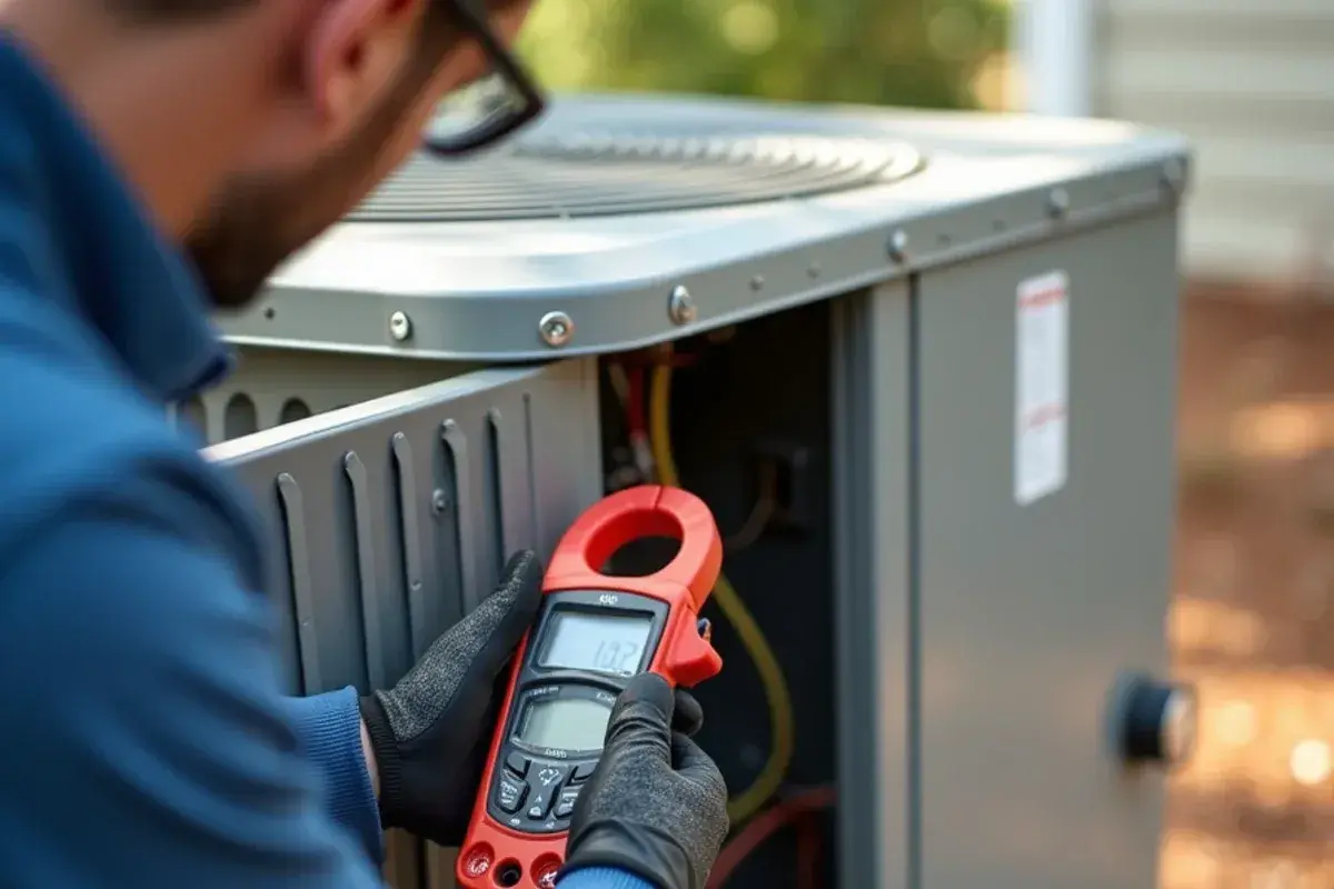 Clamp meter reading on backup heat strip wiring inside a packaged heat pump in Lexington County