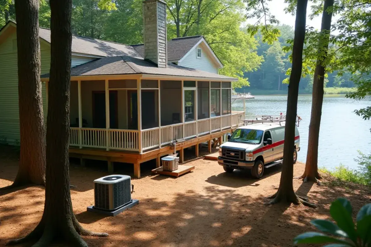 Lake house on a wooded lot with two outdoor AC units in Lexington County, SC