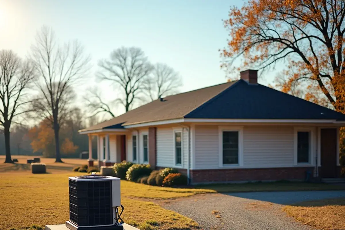 Rural farmhouse with a heat pump on a pad and a hay field behind it in the Midlands