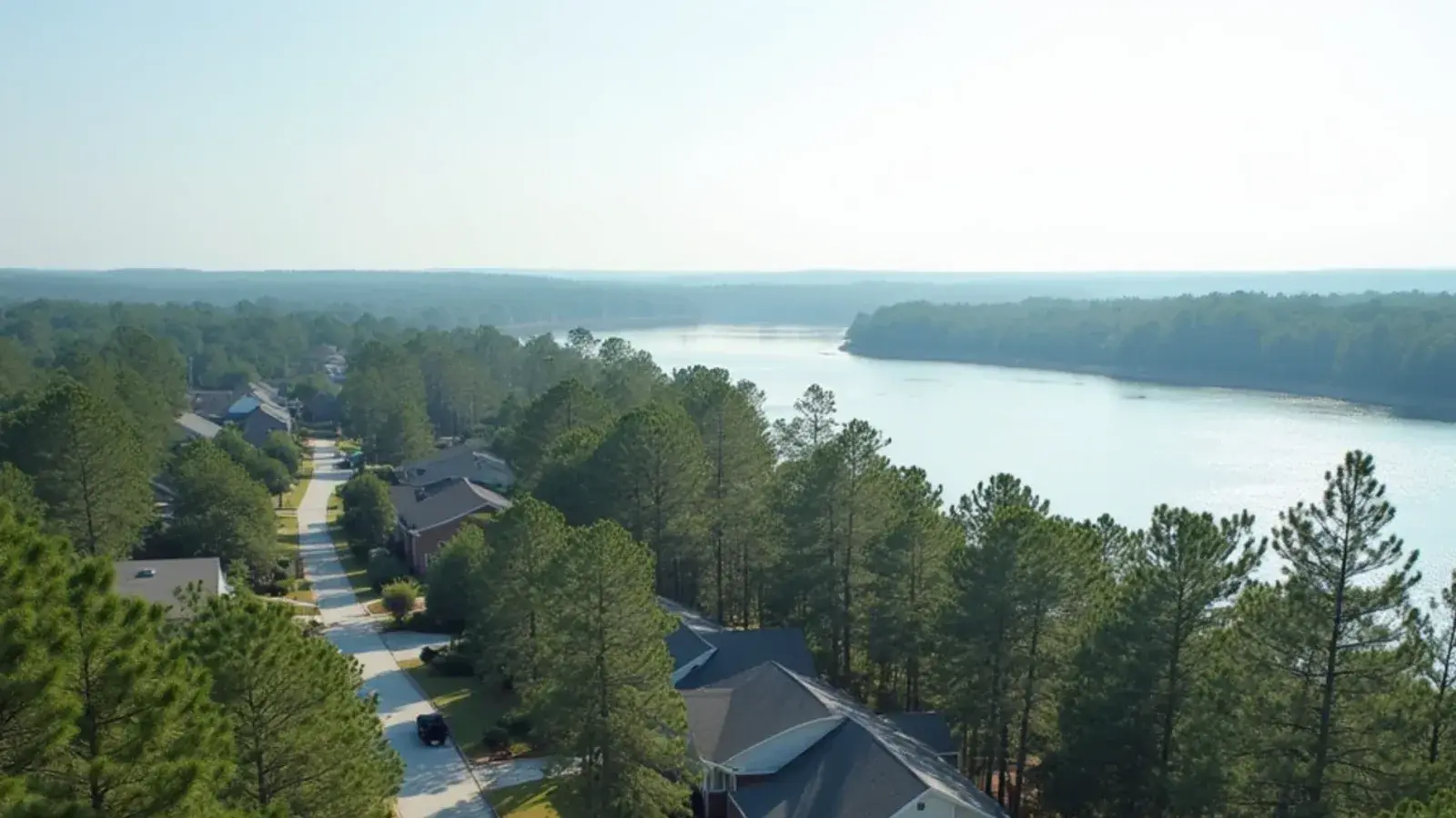 Aerial view of wooded lakeside neighborhoods typical of Lexington County, SC
