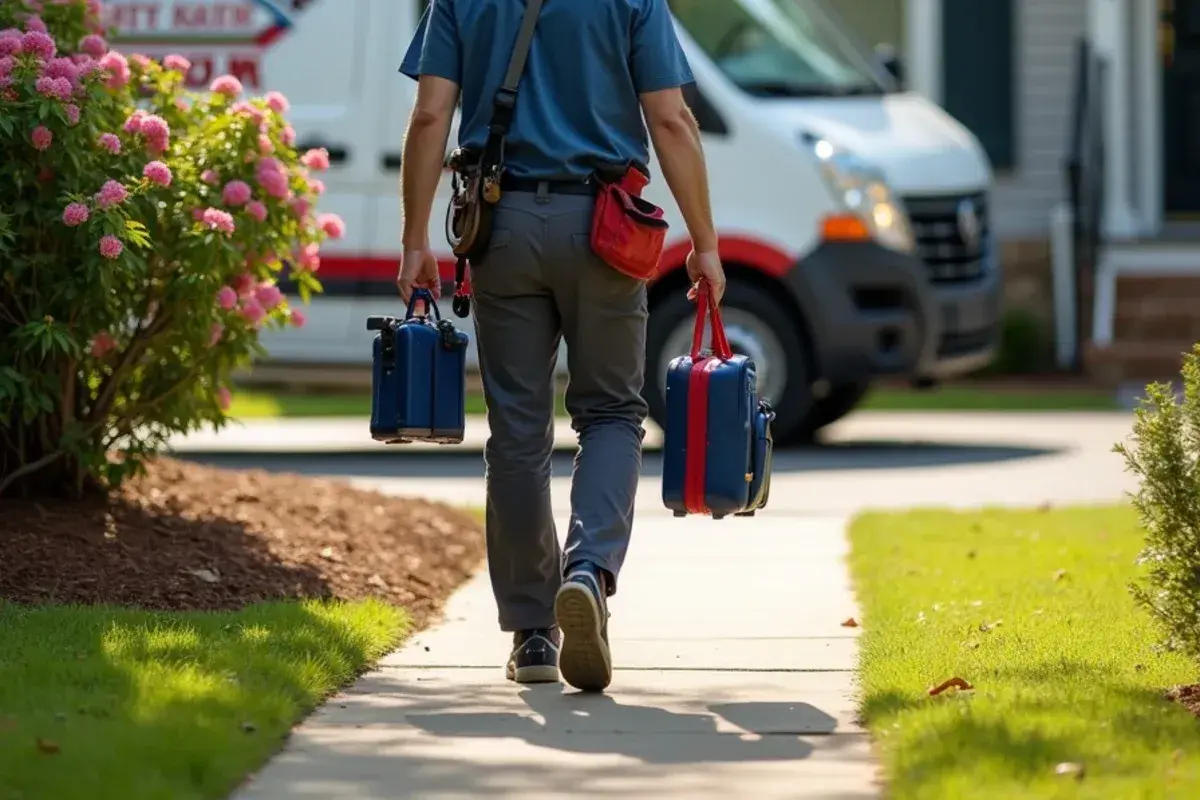 HVAC technician arriving at a two-story home with a tool bag and gauge case